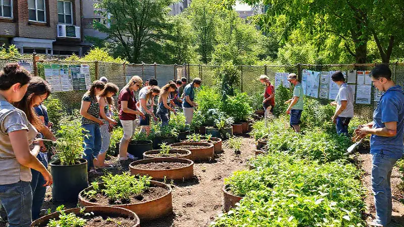 Jardín comunitario diverso y vibrante en la ciudad