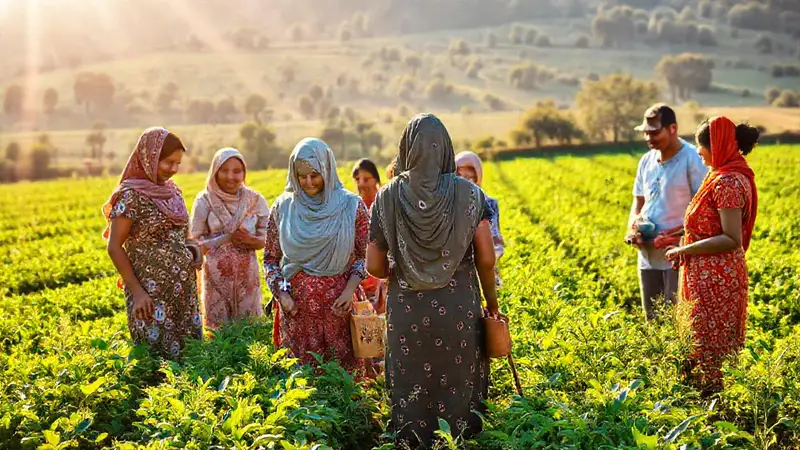 Grupo diverso trabajando en un campo agrícola