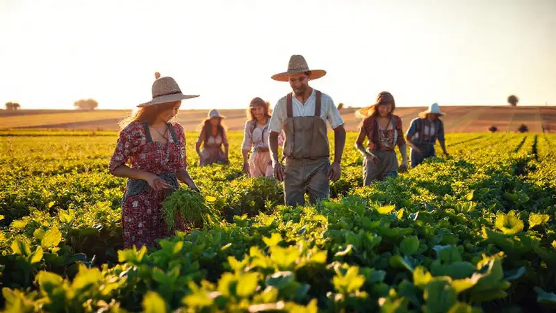 Agricultores diversos colaboran en un campo iluminado