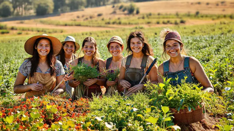 Mujeres agricultoras sonrientes en un paisaje vibrante