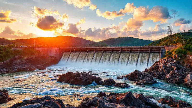 Espectacular represa hidroeléctrica al atardecer