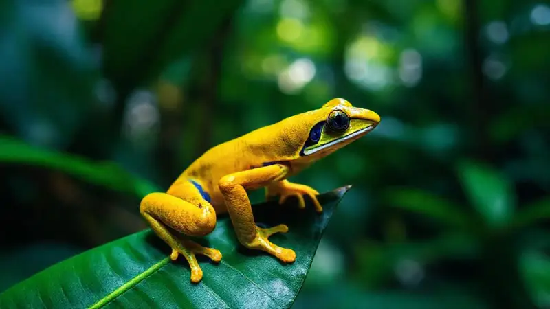 Rana dorada en selva tropical iluminada