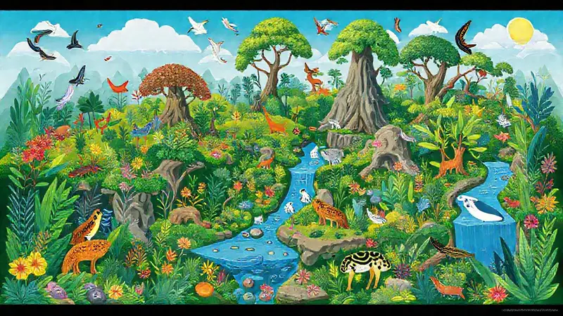 Ecosistema diverso con flora, fauna y armonía