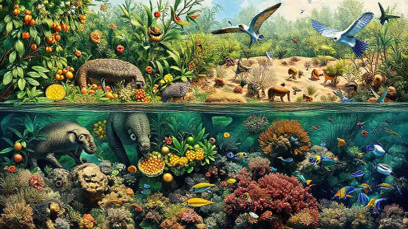 Animales diversos buscan alimento en naturaleza vibrante