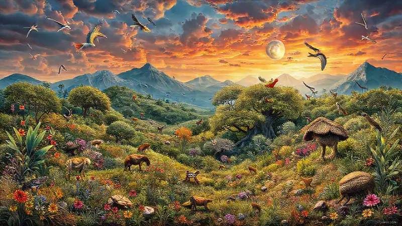 Paisaje diverso con hábitats y estrategias animales