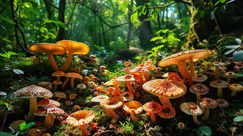 Bosque vibrante con hongos variados y luz