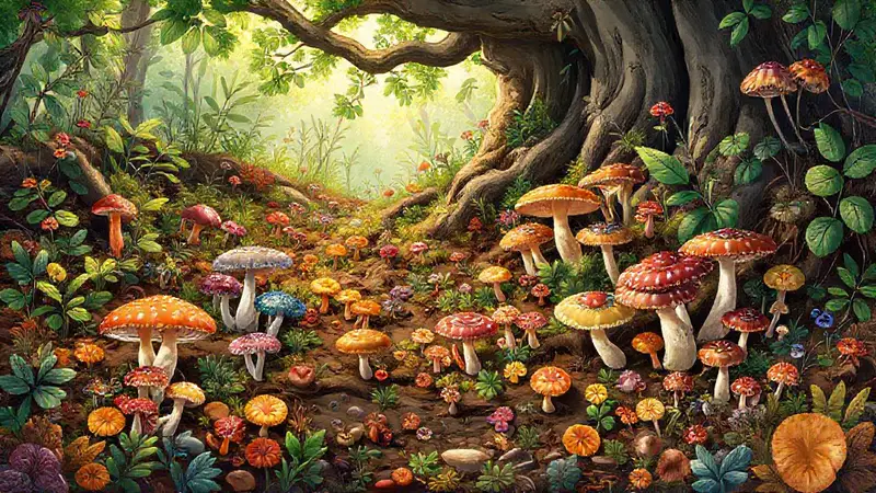 Bosque vibrante con hongos y plantas coloridas