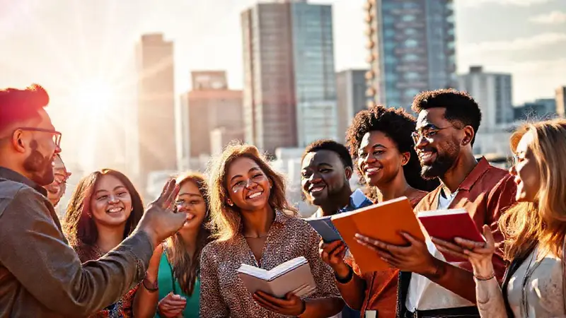 Grupo diverso intercambiando ideas en ciudad vibrante
