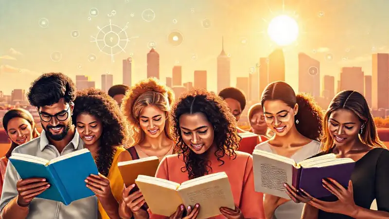 Personas diversas leyendo con skyline vibrante