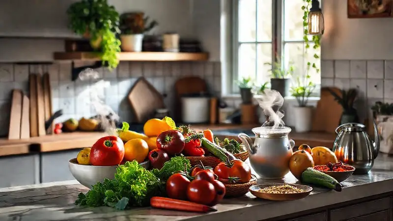 Cocina serena con frutas, té y meditación