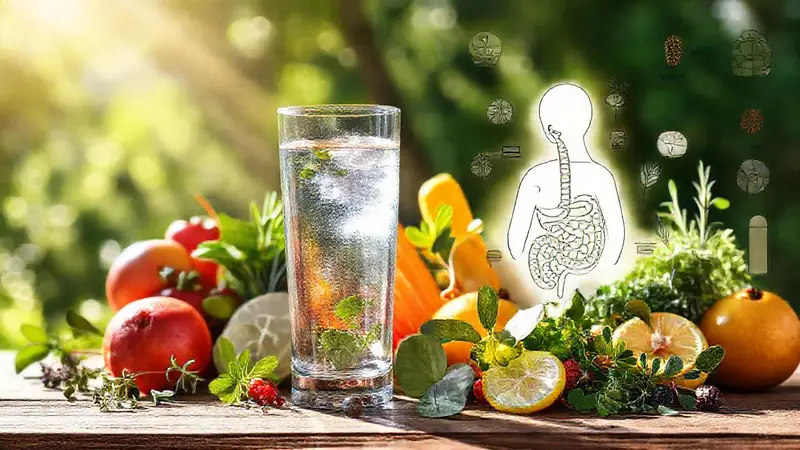 Agua clara y frutas en un entorno saludable