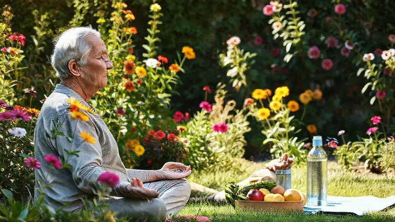 Anciano medita en un jardín sereno