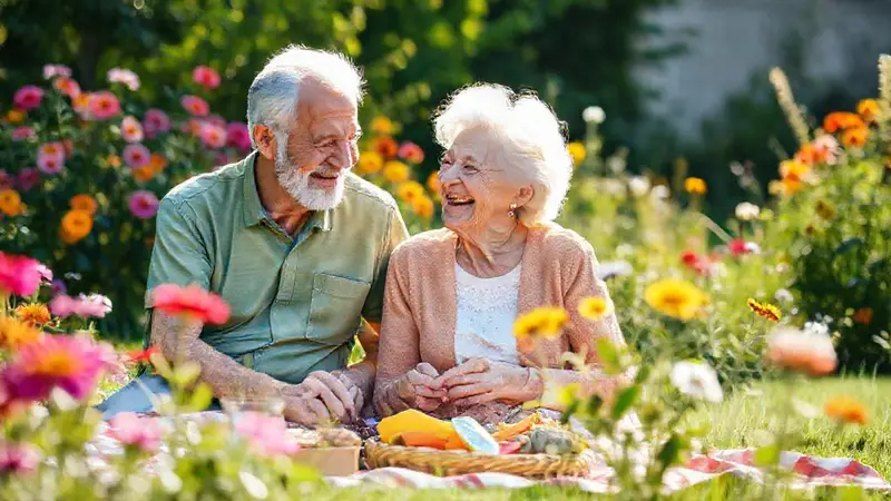 Pareja anciana riendo en un jardín