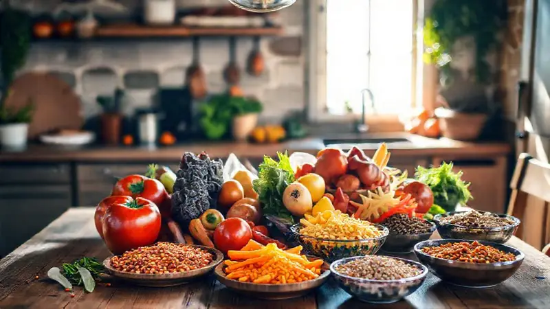 Mesa vibrante con frutas y verduras saludables