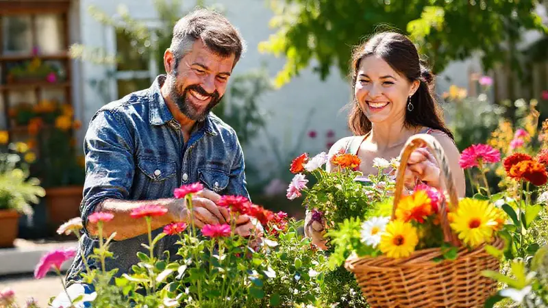 Pareja feliz jardineando en un día soleado