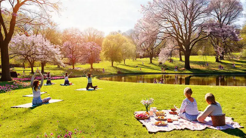 Parque sereno con yoga y familias felices