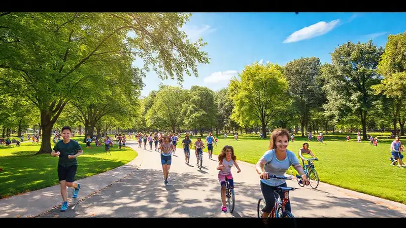 Parque vibrante con personas activas y felices