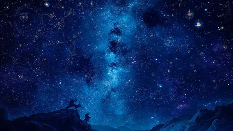Cielo estrellado con constelaciones y colores vibrantes