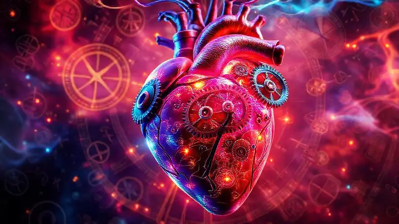 Corazón vibrante con engranajes y símbolos científicos