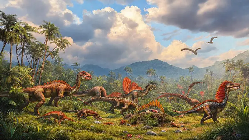 Paisaje prehistórico vibrante con dinosaurios y vegetación