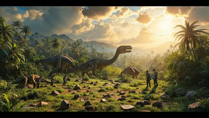 Fósiles de dinosaurios en un paisaje prehistórico