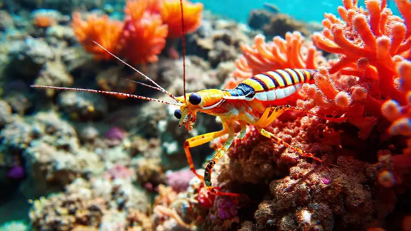 Mantis religiosa vibrante en arrecife de coral