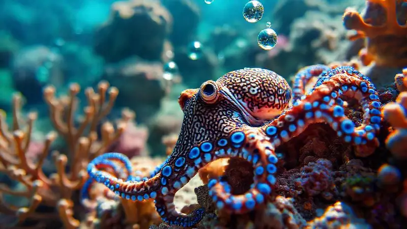 Pulpo de anillos azules en colorido arrecife