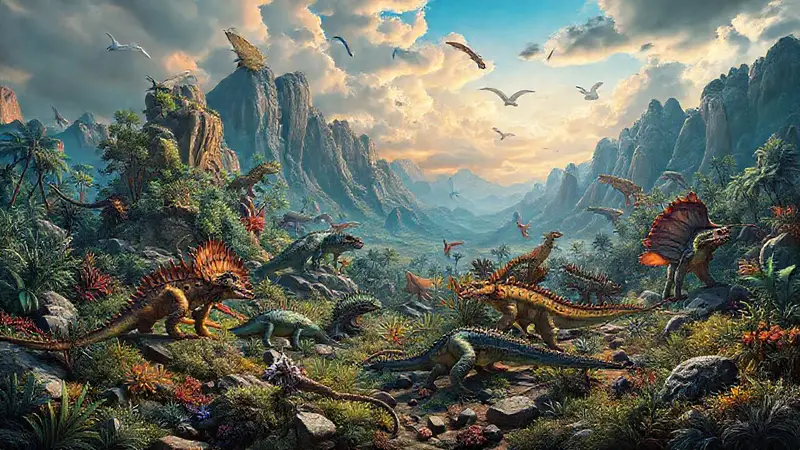 Un paisaje prehistórico lleno de reptiles coloridos