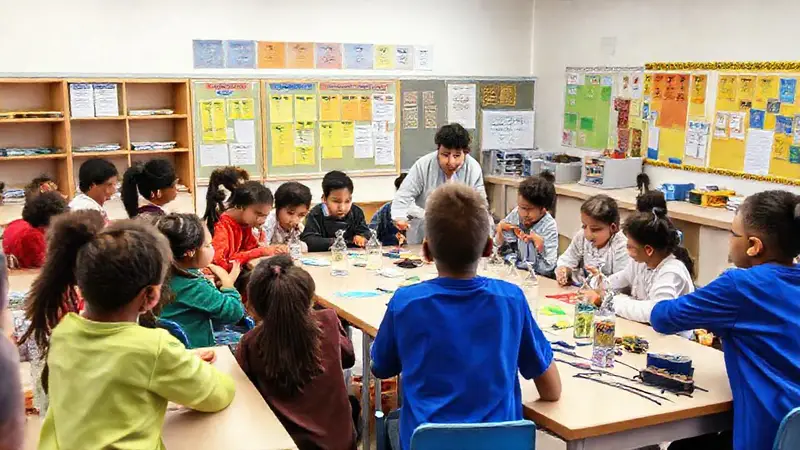 Aula diversa con experimentos y colaboración creativa