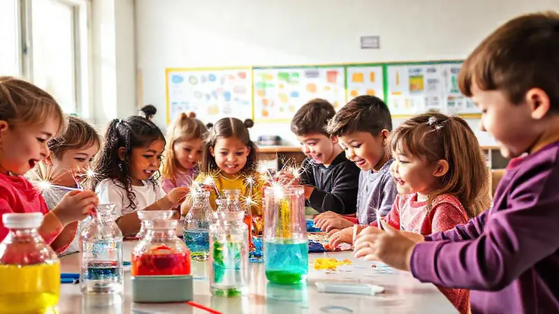 Niños curiosos experimentan en un aula colorida