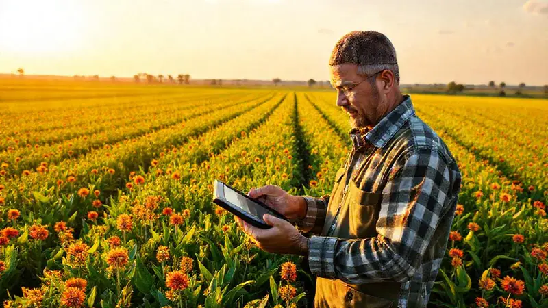 Un agricultor moderno utiliza una tablet en el campo