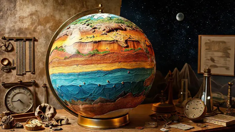 Globo con capas geológicas y fósiles antiguos