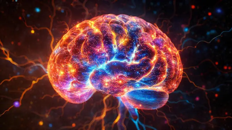 Cerebro brillante con memorias y pensamientos coloridos