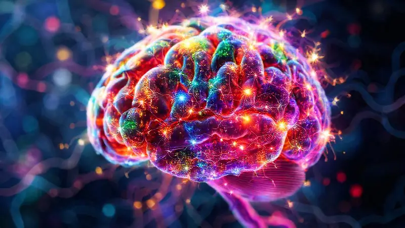 Cerebro colorido con luces y patrones abstractos