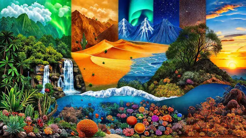 Collage de biomas vibrantes y diversos