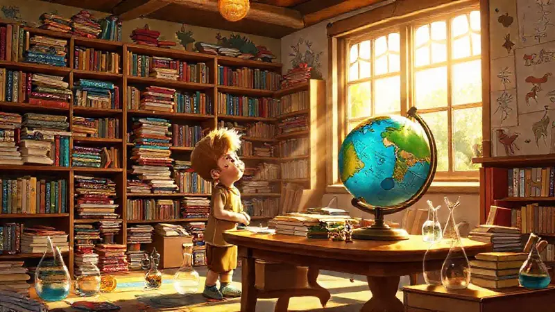 Niño curioso explora una biblioteca mágica