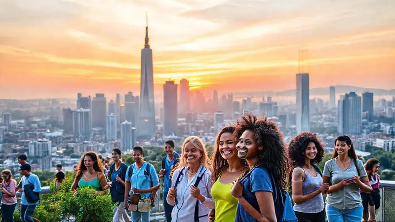 Ciudad vibrante con vida saludable y tecnología