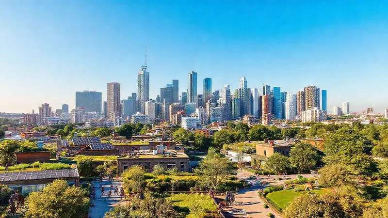 Ciudad vibrante con naturaleza y sostenibilidad