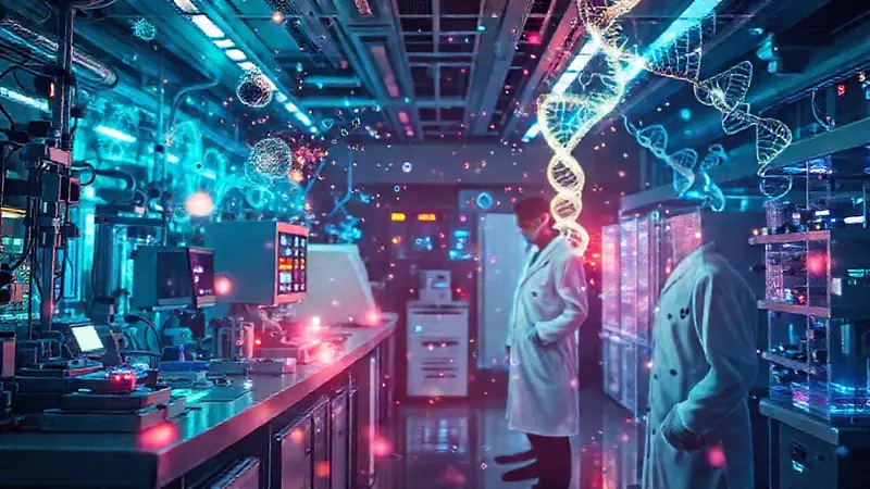 Laboratorio futurista con científicos y nanotenología