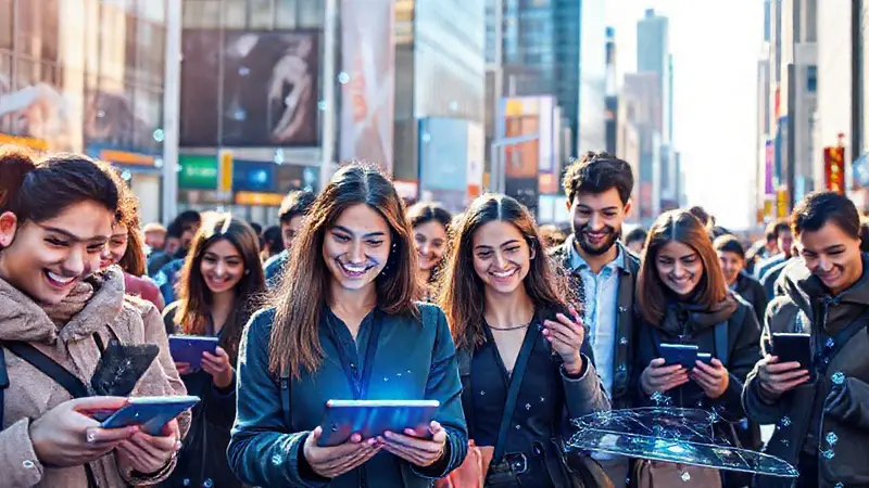 Grupo diverso interactuando con tecnología urbana