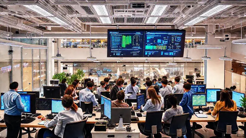 Oficina moderna con profesionales colaborando e innovación