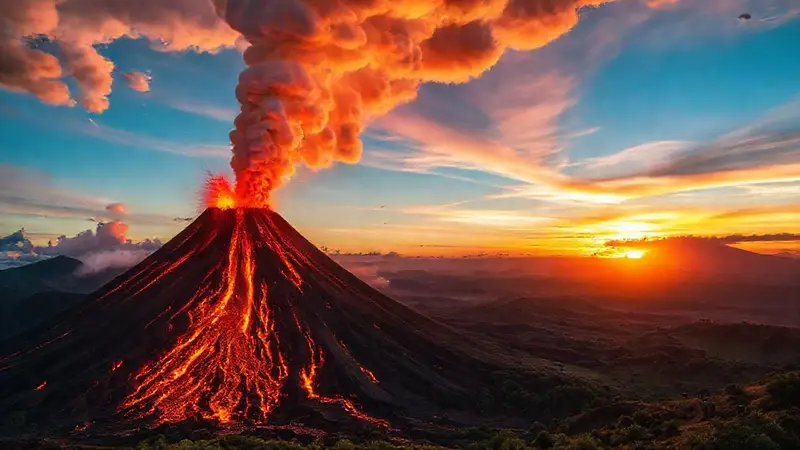 Un volcán erupciona en un paisaje hermoso