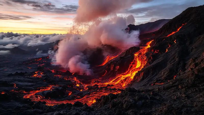 Paisaje volcánico vibrante con lava y ceniza