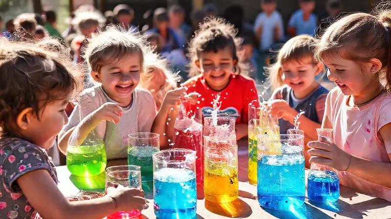 Niños realizan experimentos científicos al aire libre