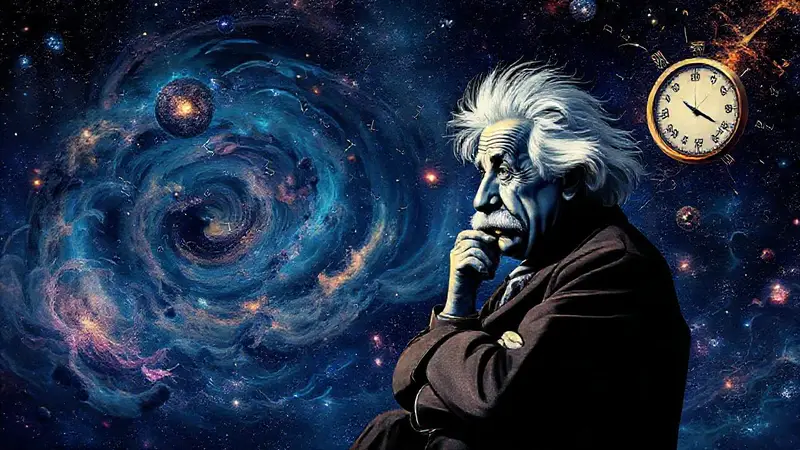 Einstein reflexiona en un cosmos surrealista