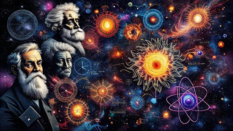 Collage de físicos, cosmos y logros históricos