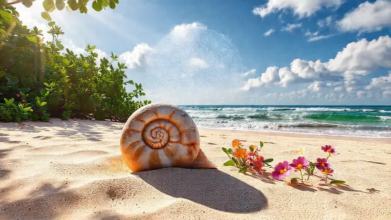 Concha en la playa, armonía natural y matemática