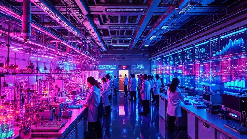 Laboratorio futurista con científicos y tecnología avanzada