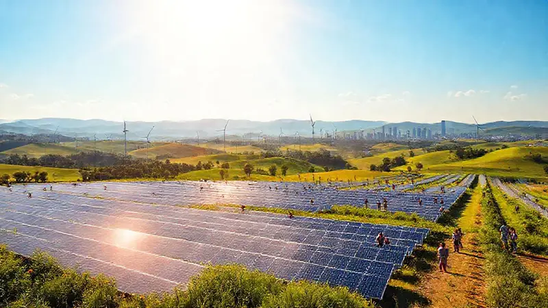 Granja solar y turbinas eólicas en armonía