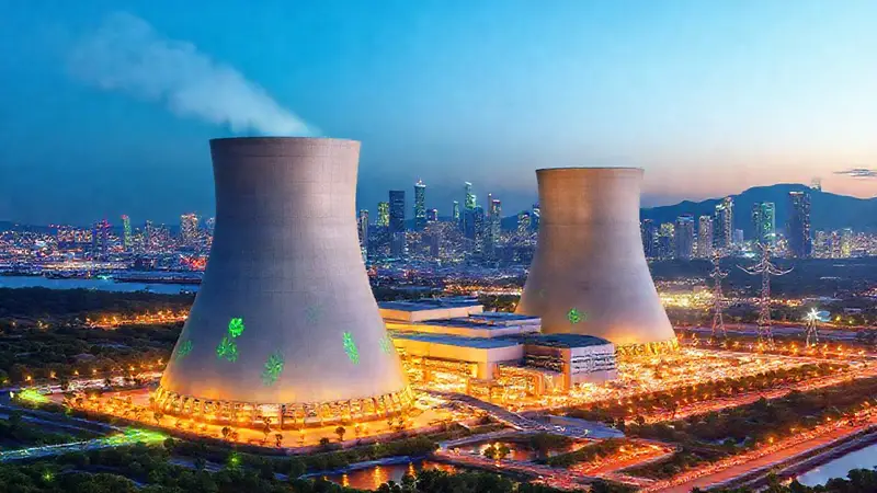 Planta nuclear futurista en armonía con la naturaleza